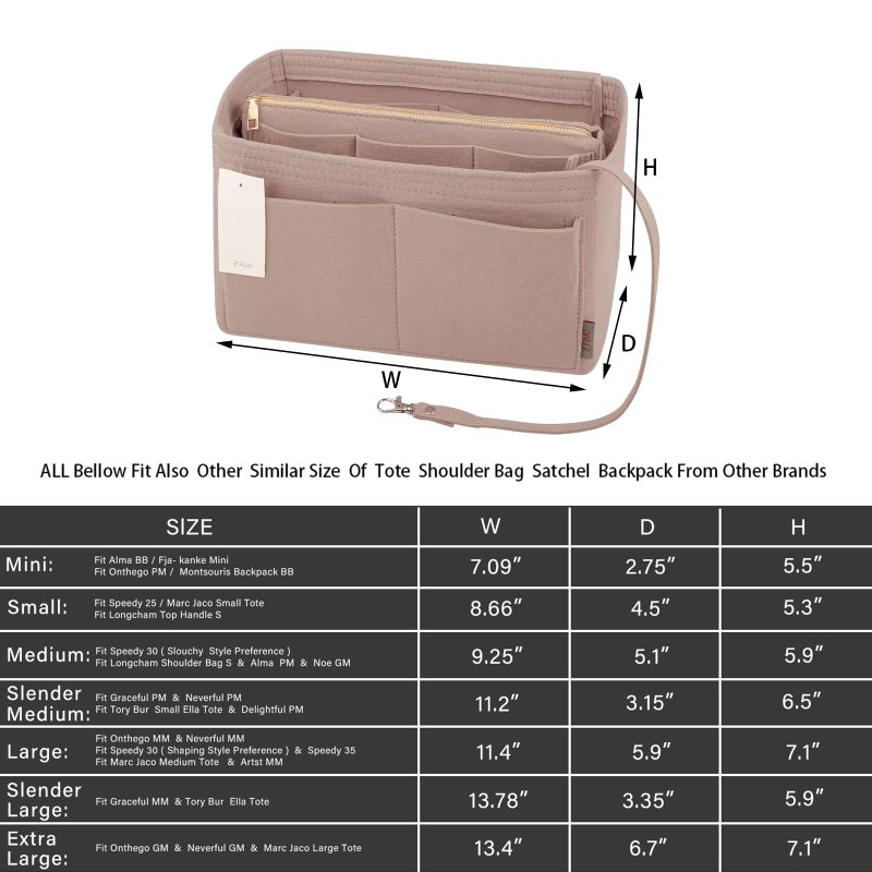 ZTUJO Purse Organizer Insert, Felt Bag Organizer with Metal Zipper, Handbag & Tote Shaper, For Speedy Neverfull Tote, 7 Sizes(Slender Large, Beige) - Image 2